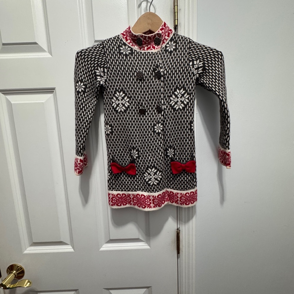 Heirloom by Polly Finders Knit Coat sweater cardigan with Red bow Highlights M